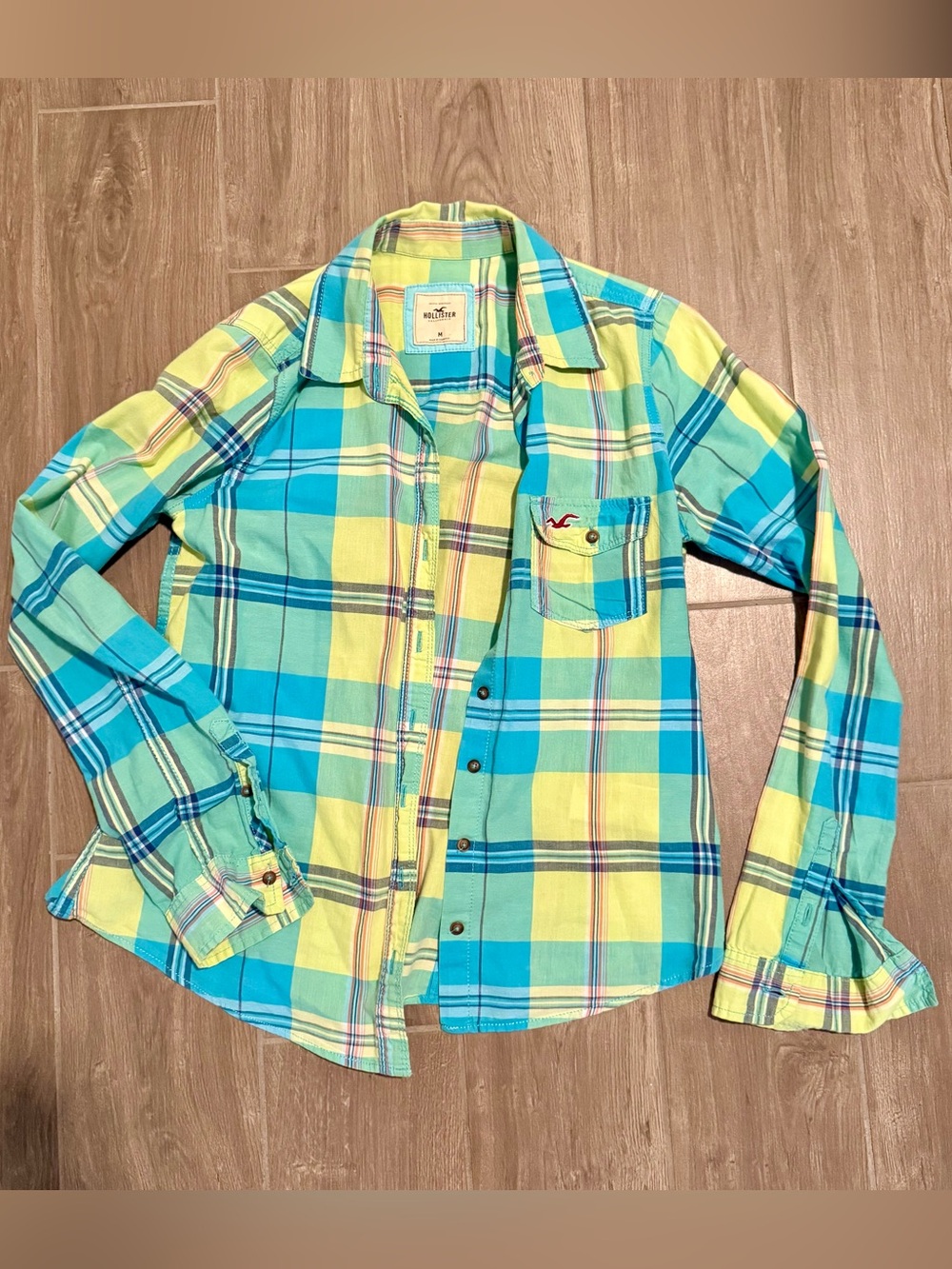 Hollister Women Teal Yellow Plaid Button-Down Shirt, Grunge, Y2K, Cotton